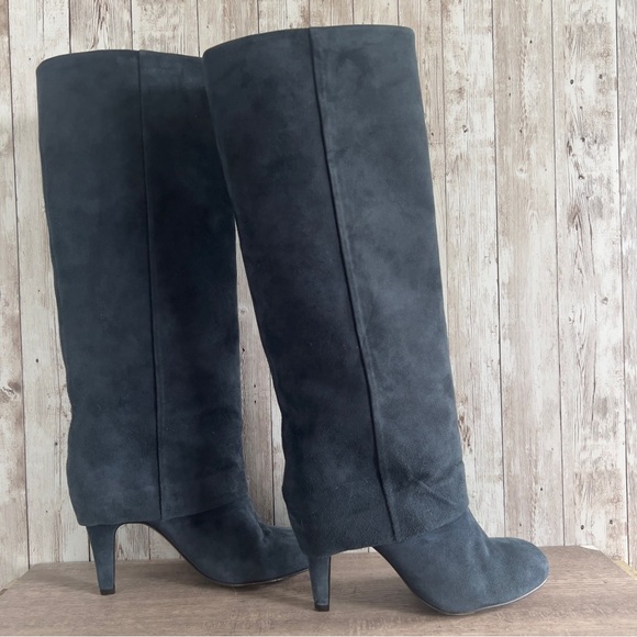 Ash Suede Knee-High Blue Suede Cuffed Fold Over Heeled Boots - Picture 1 of 7